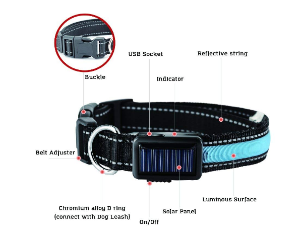 Collare LED Riflettente per Cani - Ricaricabile via USB e Energia Solare